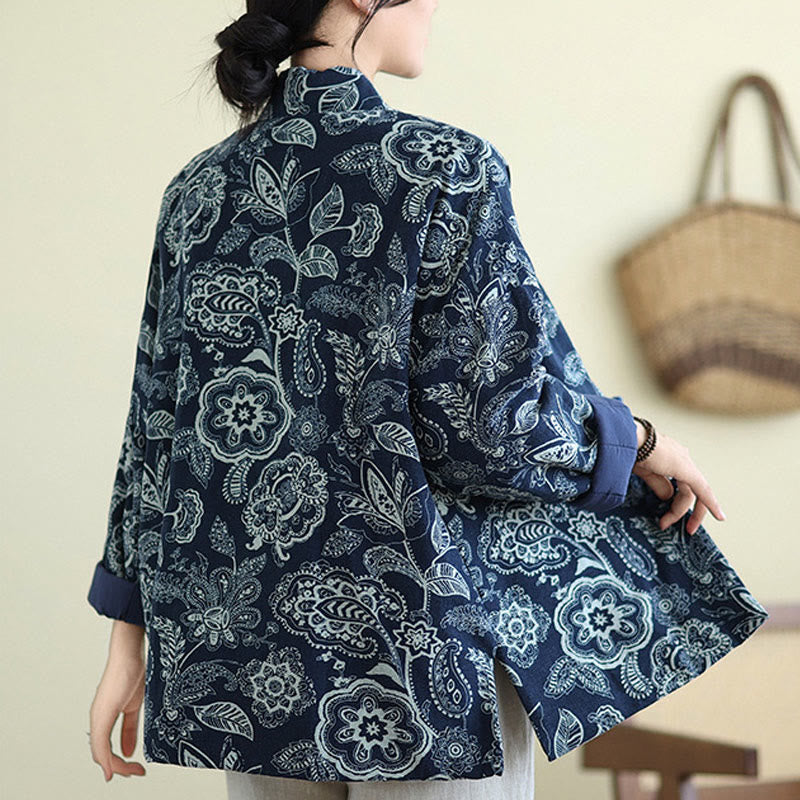 Mythstone Winter Blue And White Flowers Warm Frog Button Design Long Sleeve Cotton Jacket