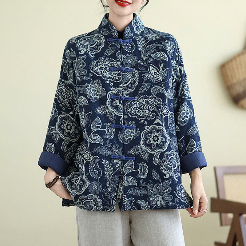 Mythstone Winter Blue And White Flowers Warm Frog Button Design Long Sleeve Cotton Jacket