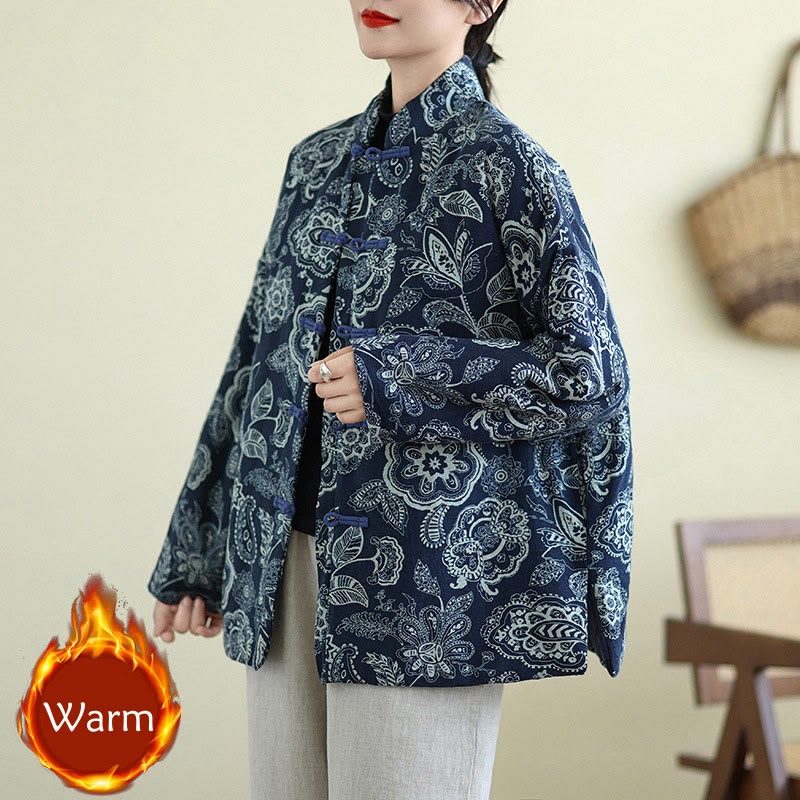 Mythstone Winter Blue And White Flowers Warm Frog Button Design Long Sleeve Cotton Jacket