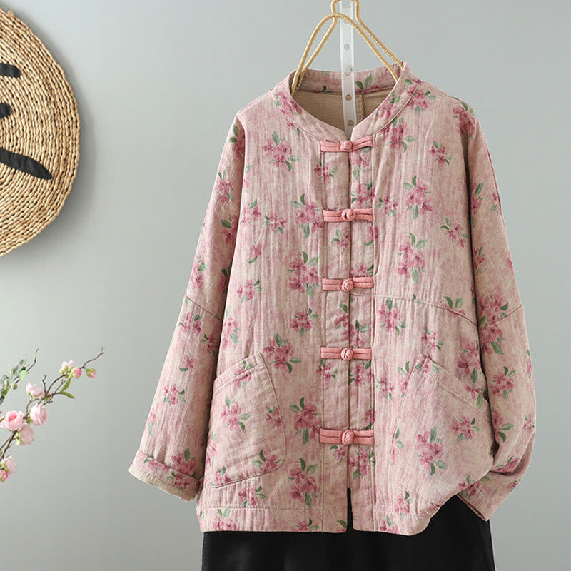 Mythstone Casual Frog-button Stand Collar Flower Cotton Linen Women's Jacket Shirts Clothing