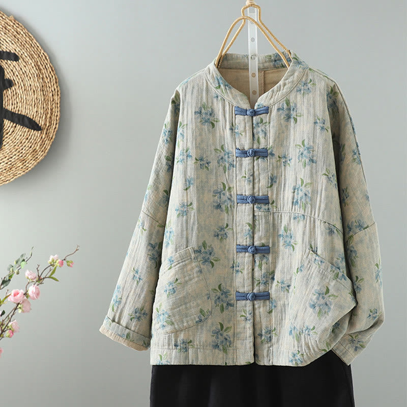 Mythstone Casual Frog-button Stand Collar Flower Cotton Linen Women's Jacket Shirts Clothing