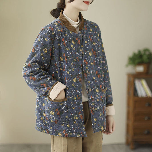 Mythstone Winter Floral Plaid Warm Long Sleeve Cotton Jacket With Pockets