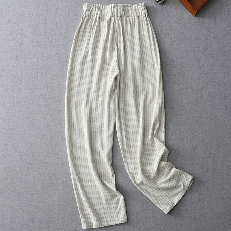 Mythstone Vertical Striped Cotton Linen High Waist Wide Leg Pants With Pockets