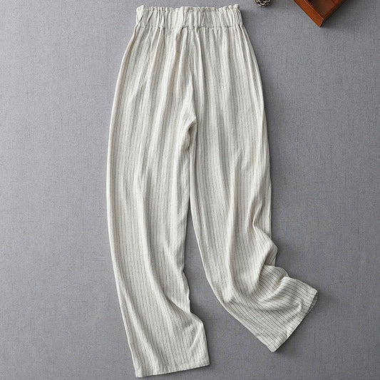 Mythstone Vertical Striped Cotton Linen High Waist Wide Leg Pants With Pockets