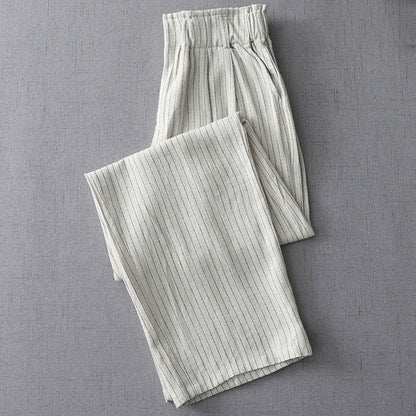 Mythstone Vertical Striped Cotton Linen High Waist Wide Leg Pants With Pockets