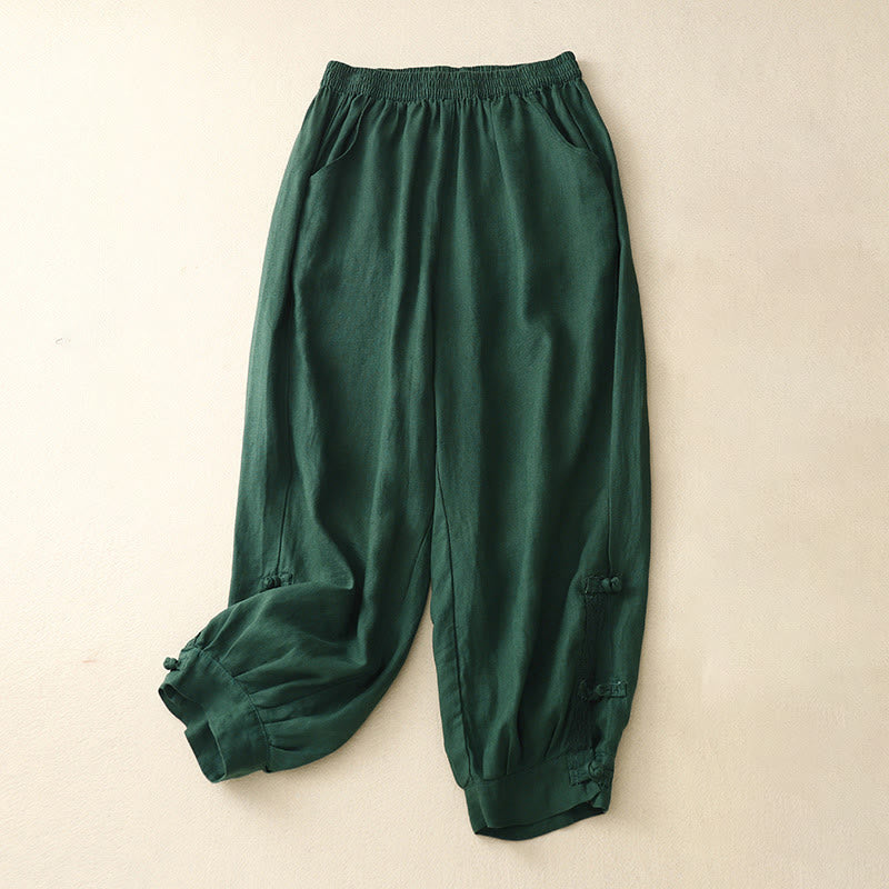 Mythstone Vintage Frog-Button Cotton Linen Harem Pants With Pockets