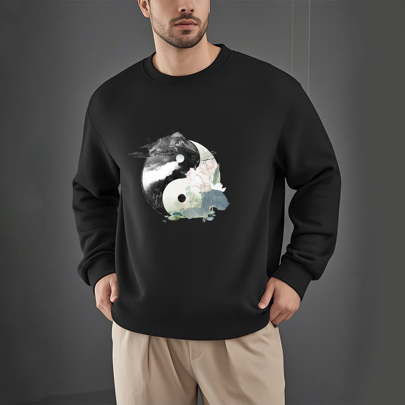 Mythstone Yin Yang Lotus Leaf Ink Painting Fleece Lined Polyester Sweatshirt