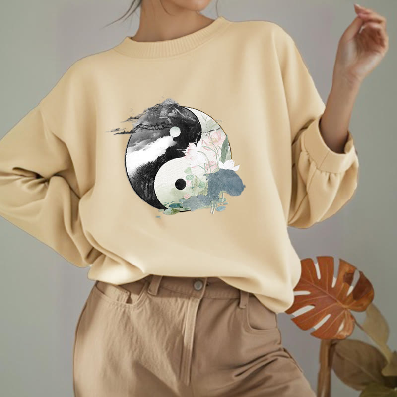 Mythstone Yin Yang Lotus Leaf Ink Painting Fleece Lined Polyester Sweatshirt