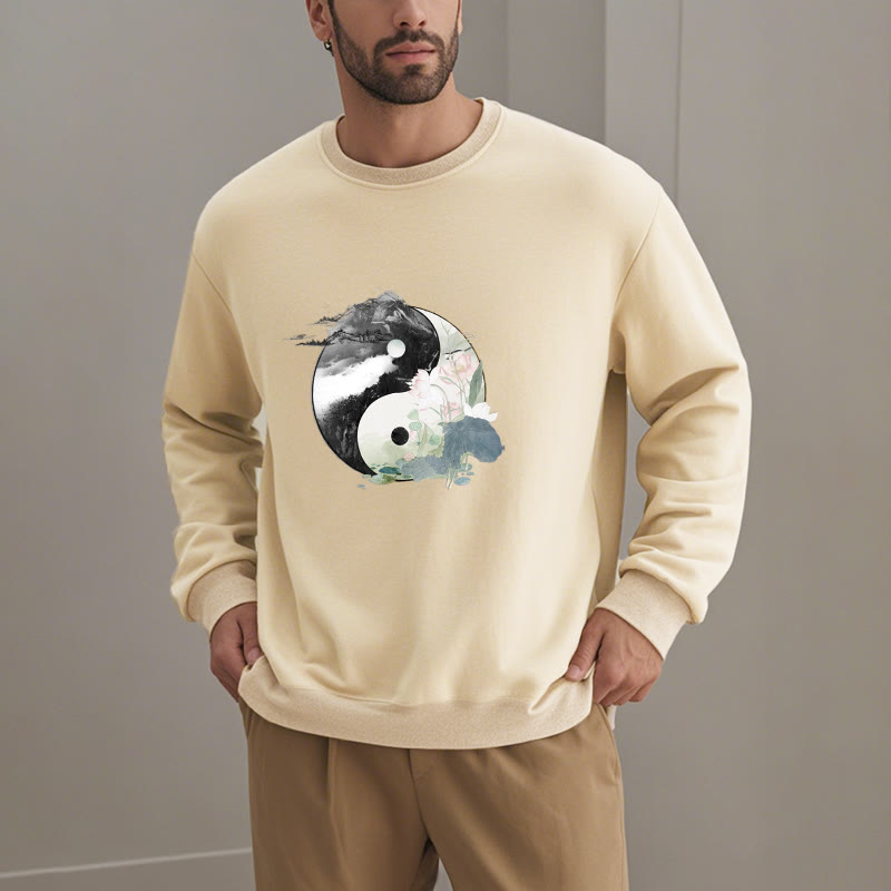 Mythstone Yin Yang Lotus Leaf Ink Painting Fleece Lined Polyester Sweatshirt