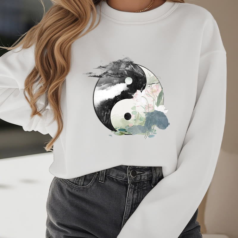 Mythstone Yin Yang Lotus Leaf Ink Painting Fleece Lined Polyester Sweatshirt