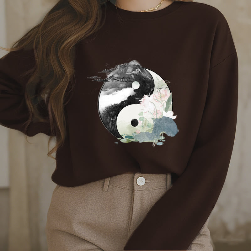 Mythstone Yin Yang Lotus Leaf Ink Painting Fleece Lined Polyester Sweatshirt