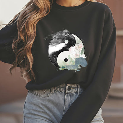 Mythstone Yin Yang Lotus Leaf Ink Painting Fleece Lined Polyester Sweatshirt