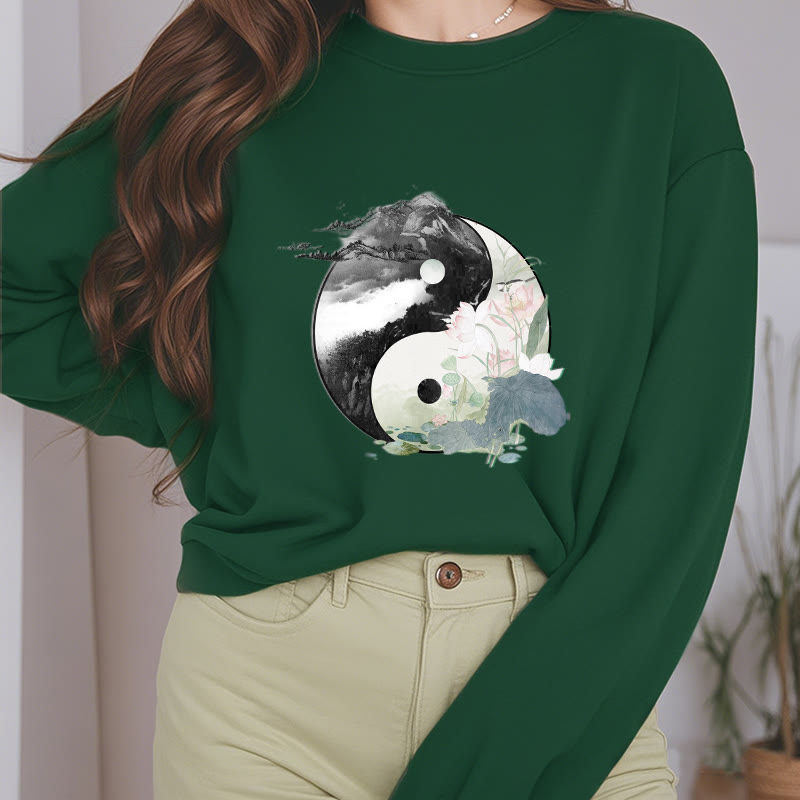 Mythstone Yin Yang Lotus Leaf Ink Painting Fleece Lined Polyester Sweatshirt