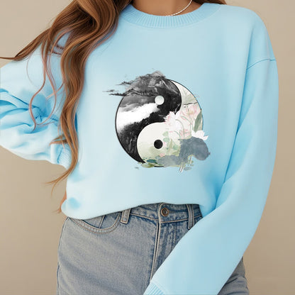 Mythstone Yin Yang Lotus Leaf Ink Painting Fleece Lined Polyester Sweatshirt