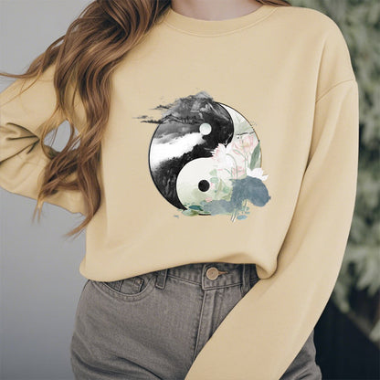 Mythstone Yin Yang Lotus Leaf Ink Painting Fleece Lined Polyester Sweatshirt