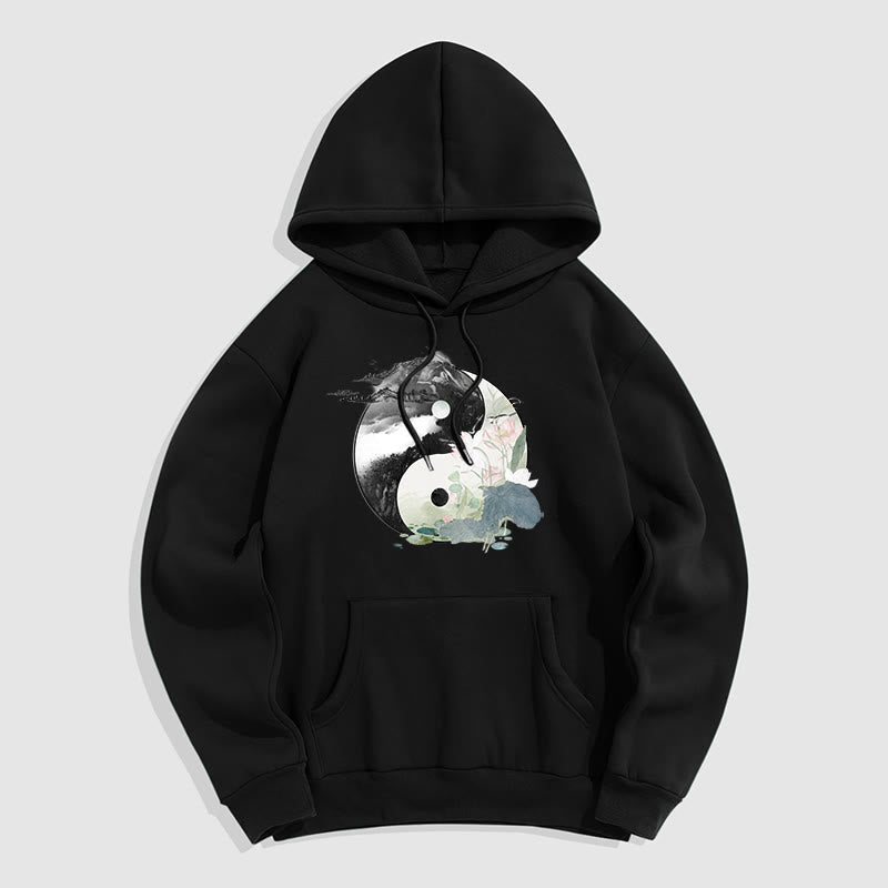 Sudadera con capucha y forro polar con pintura de tinta de hoja de loto Yin Yang de Mythstone 