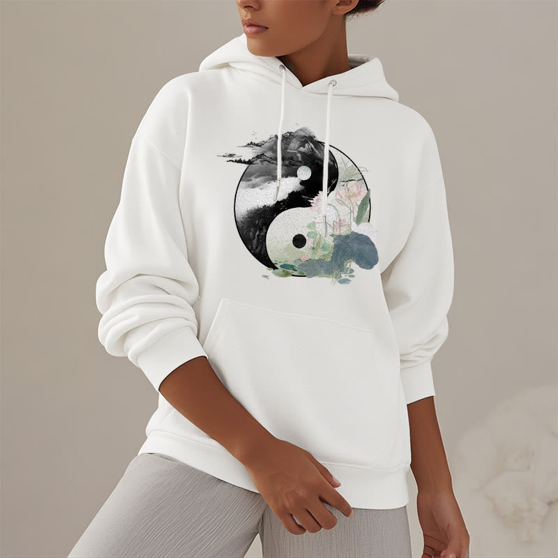 Sudadera con capucha y forro polar con pintura de tinta de hoja de loto Yin Yang de Mythstone 