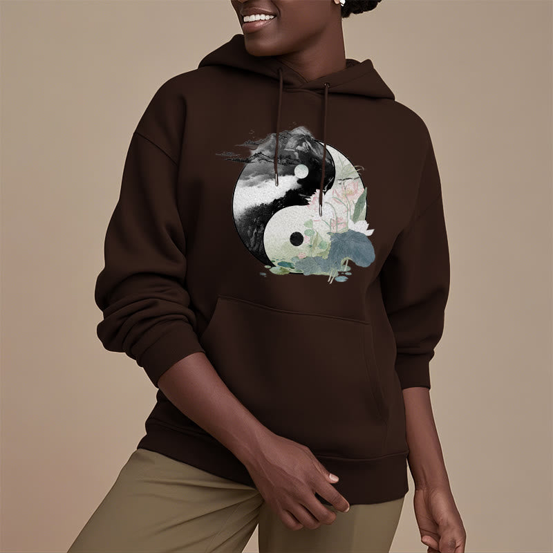 Sudadera con capucha y forro polar con pintura de tinta de hoja de loto Yin Yang de Mythstone 