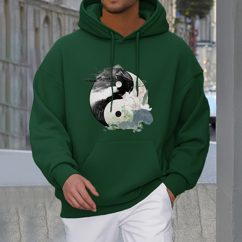 Sudadera con capucha y forro polar con pintura de tinta de hoja de loto Yin Yang de Mythstone 