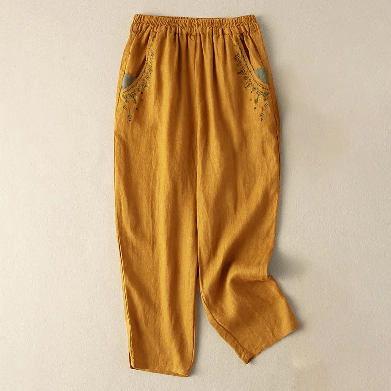 Mythstone Vintage Embroidery Elastic Waist Harem Pants With Pockets