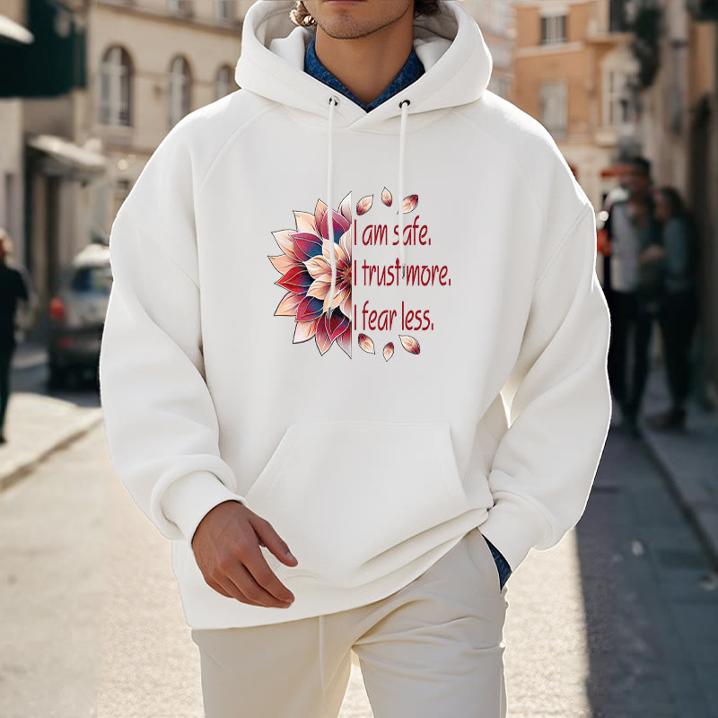 Sudadera con capucha y forro polar de poliéster con la frase "Estoy seguro, confío más, temo menos" de Lotus 