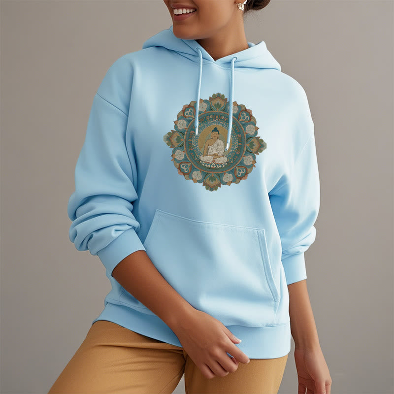 Sudadera con capucha de poliéster con forro polar y diseño de Buda y flor de mandala de Mythstone 