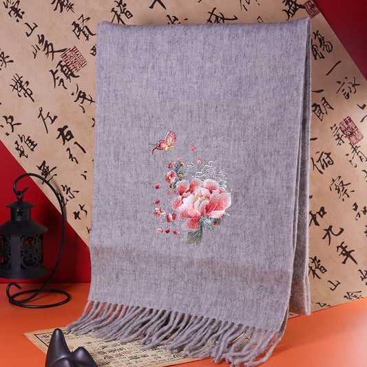 Mythstone Wool Shawl Pink Peony Butterfly Embroidery Tassel Winter Cozy Travel Scarf Wrap