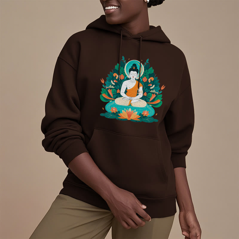 Sudadera con capucha de poliéster con forro polar y diseño de bodhisattva, flor, hierba y loto de Mythstone 