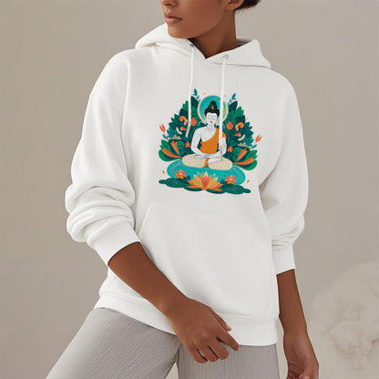 Sudadera con capucha de poliéster con forro polar y diseño de bodhisattva, flor, hierba y loto de Mythstone 