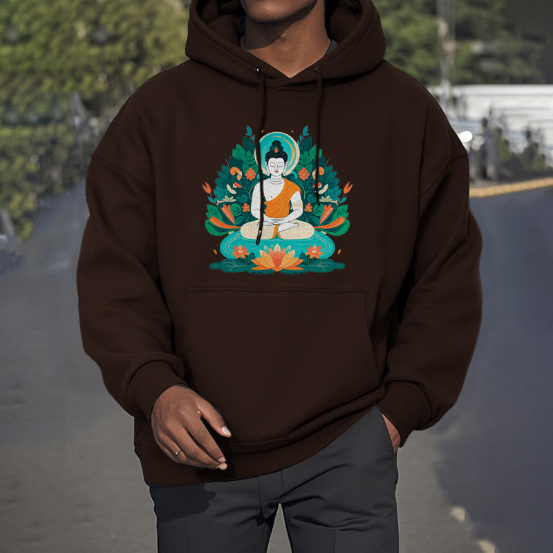 Sudadera con capucha de poliéster con forro polar y diseño de bodhisattva, flor, hierba y loto de Mythstone 