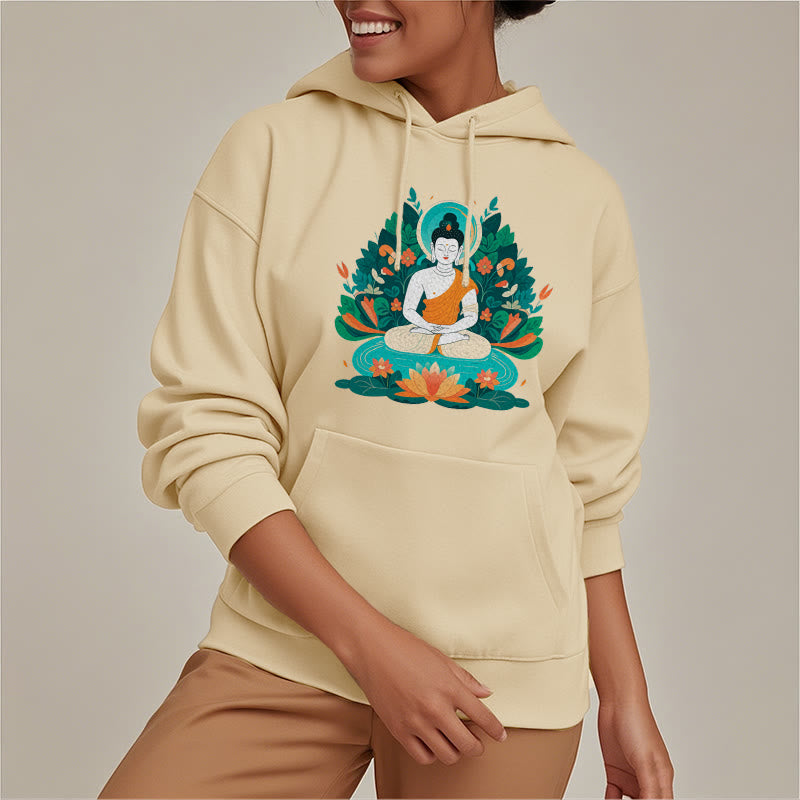 Sudadera con capucha de poliéster con forro polar y diseño de bodhisattva, flor, hierba y loto de Mythstone 