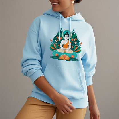 Sudadera con capucha de poliéster con forro polar y diseño de bodhisattva, flor, hierba y loto de Mythstone 