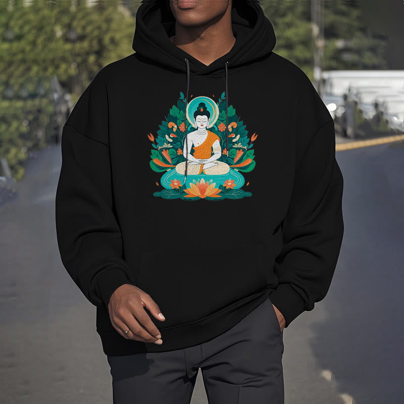 Sudadera con capucha de poliéster con forro polar y diseño de bodhisattva, flor, hierba y loto de Mythstone 