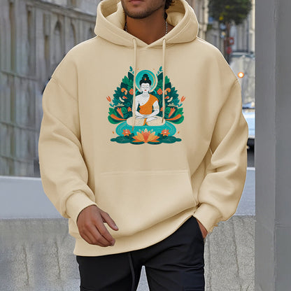 Sudadera con capucha de poliéster con forro polar y diseño de bodhisattva, flor, hierba y loto de Mythstone 