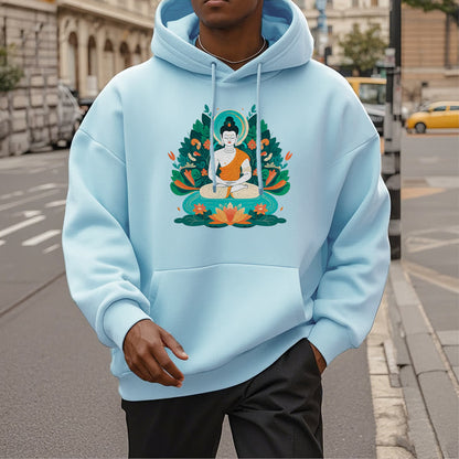 Sudadera con capucha de poliéster con forro polar y diseño de bodhisattva, flor, hierba y loto de Mythstone 