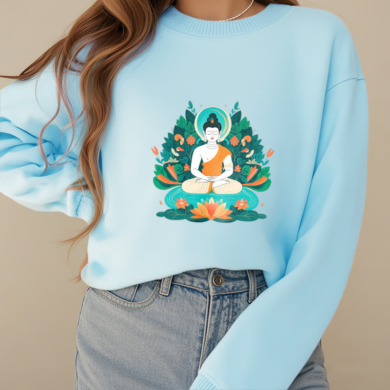 Mythstone Lotus Buddha Round Neck Fleece Lined Sweatshirt