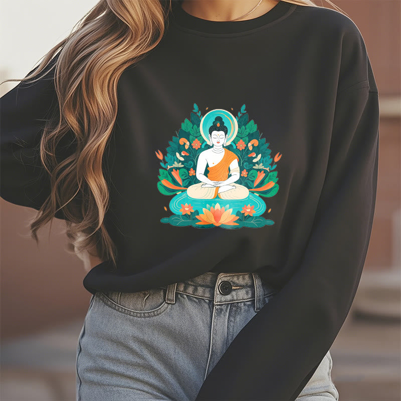 Mythstone Lotus Buddha Round Neck Fleece Lined Sweatshirt