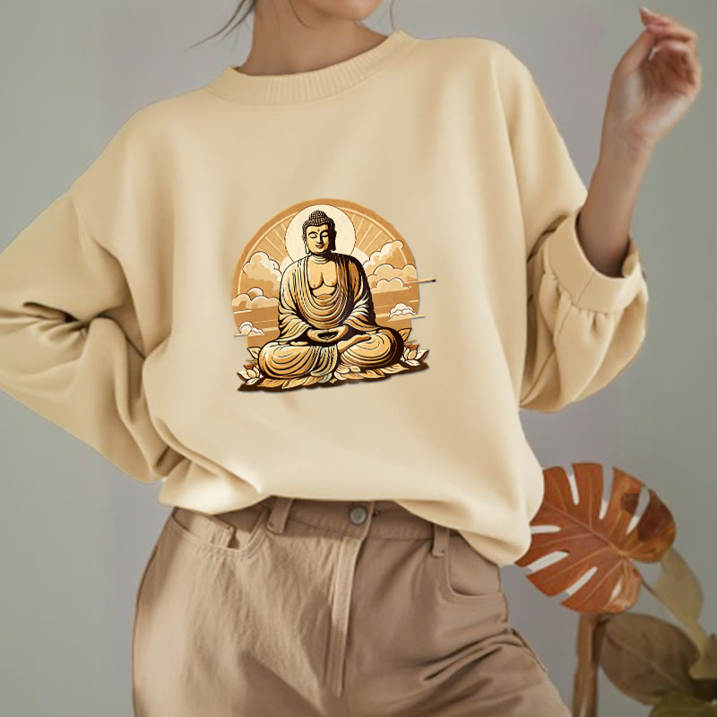 Mythstone Sun Auspicious Clouds Buddha Round Neck Fleece Lined Sweatshirt