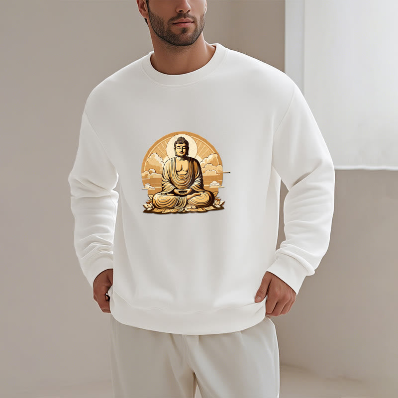 Mythstone Sun Auspicious Clouds Buddha Round Neck Fleece Lined Sweatshirt