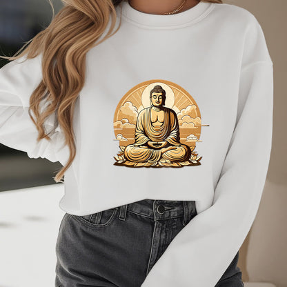 Mythstone Sun Auspicious Clouds Buddha Round Neck Fleece Lined Sweatshirt