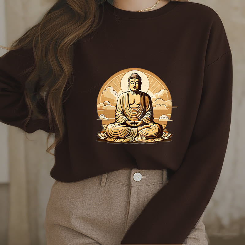 Mythstone Sun Auspicious Clouds Buddha Round Neck Fleece Lined Sweatshirt