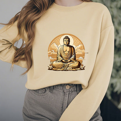 Mythstone Sun Auspicious Clouds Buddha Round Neck Fleece Lined Sweatshirt