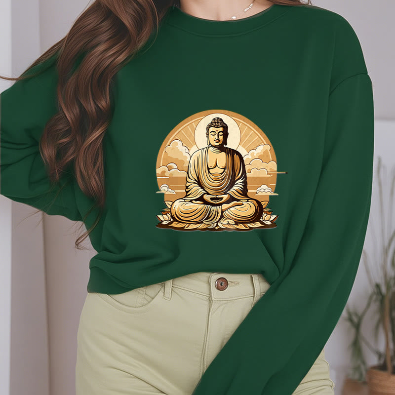 Mythstone Sun Auspicious Clouds Buddha Round Neck Fleece Lined Sweatshirt