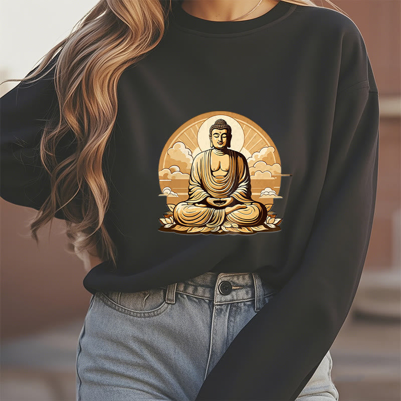 Mythstone Sun Auspicious Clouds Buddha Round Neck Fleece Lined Sweatshirt