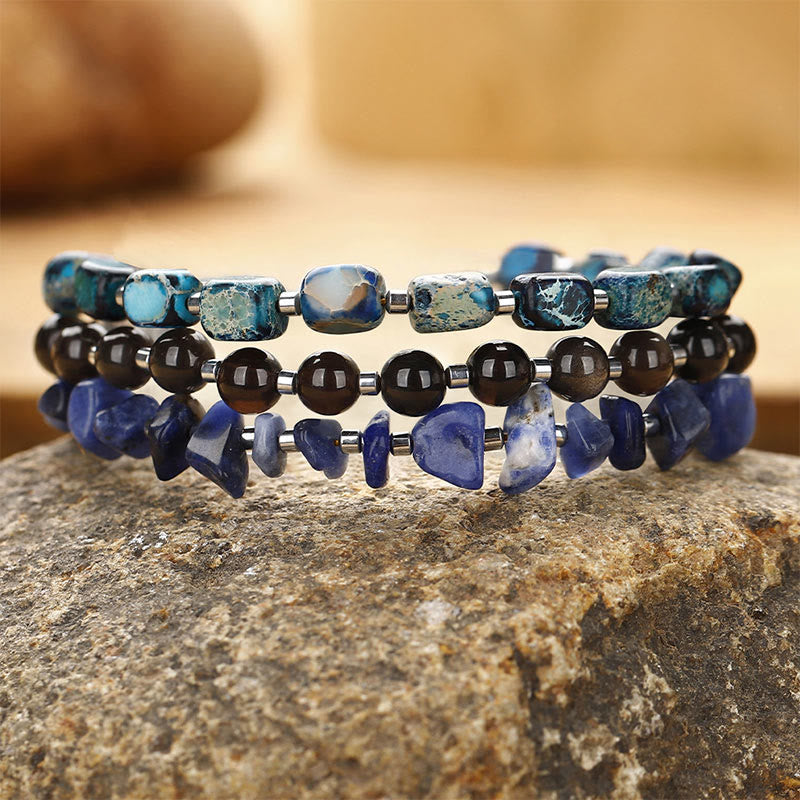 Mythstone Emperor Stone Sodalite Gold Sheen Obsidian Balance Triple Wrap Bracelet