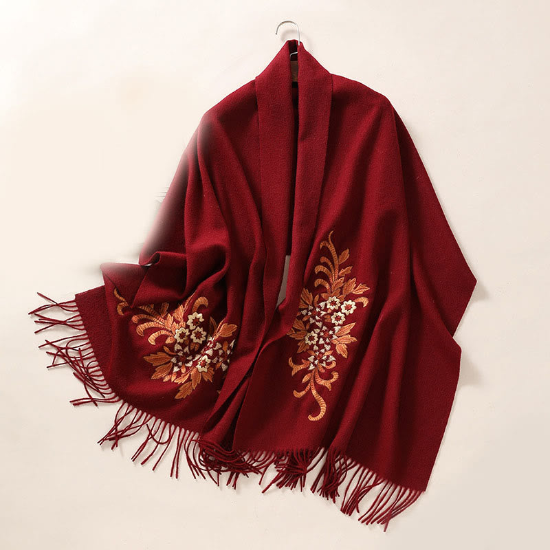 Mythstone Wool Shawl Begonia Embroidery Tassel Winter Cozy Travel Scarf Wrap