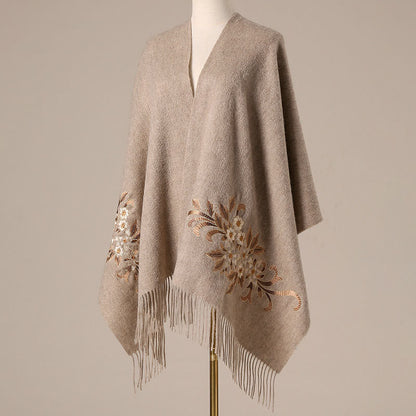 Mythstone Wool Shawl Begonia Embroidery Tassel Winter Cozy Travel Scarf Wrap