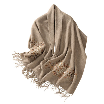 Mythstone Wool Shawl Begonia Embroidery Tassel Winter Cozy Travel Scarf Wrap