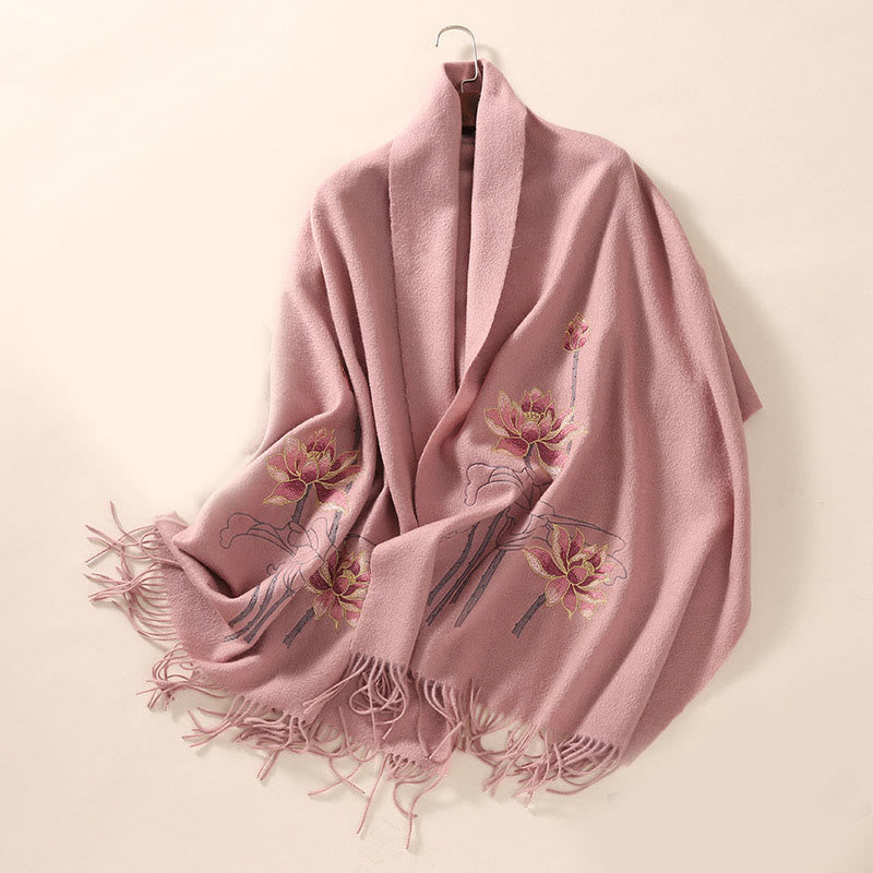 Mythstone Wool Shawl Lotus Embroidery Tassel Winter Cozy Travel Scarf Wrap