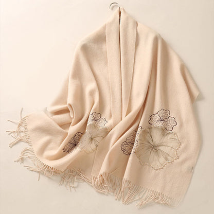 Mythstone Wool Shawl Lotus Leaf Embroidery Tassel Winter Cozy Travel Scarf Wrap